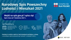 plakat Narodowy spis powszechny ludności i mieszkań. Wejdź na stronę spis.gov.pl i spisz się! Spis trwa od 1 kwietnia 2021 r.