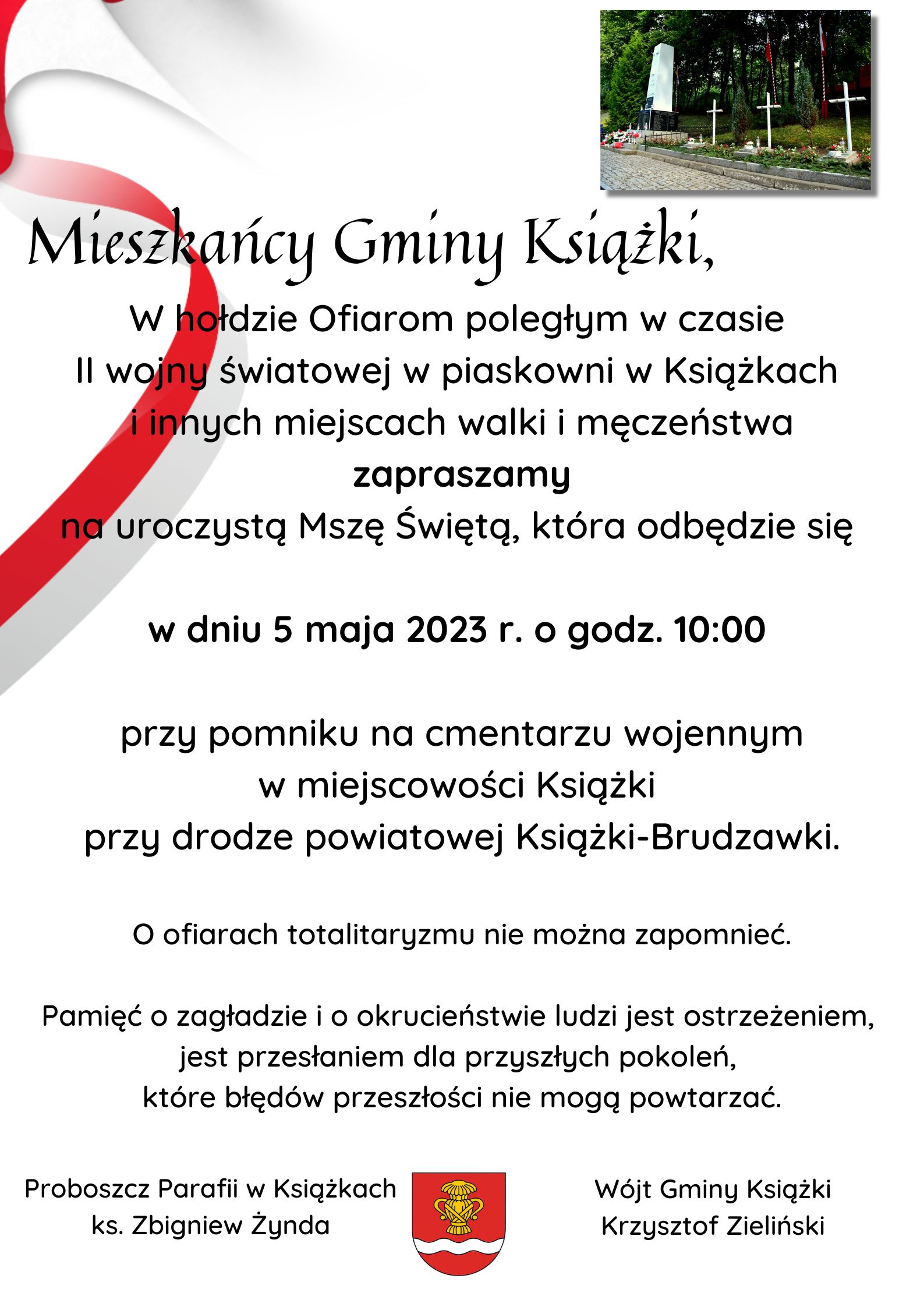 Plakat informujący o mszy świętej, która odbędzie się 5 maja 2023 r. o godz. 10:00 przy pomniku na cmentarzu wojennym w Książkach