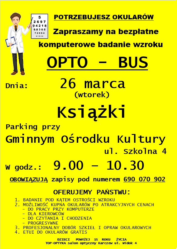 plakat informujący o badaniu wzroku w opto-busie 26 marca przy GOK w Książkach