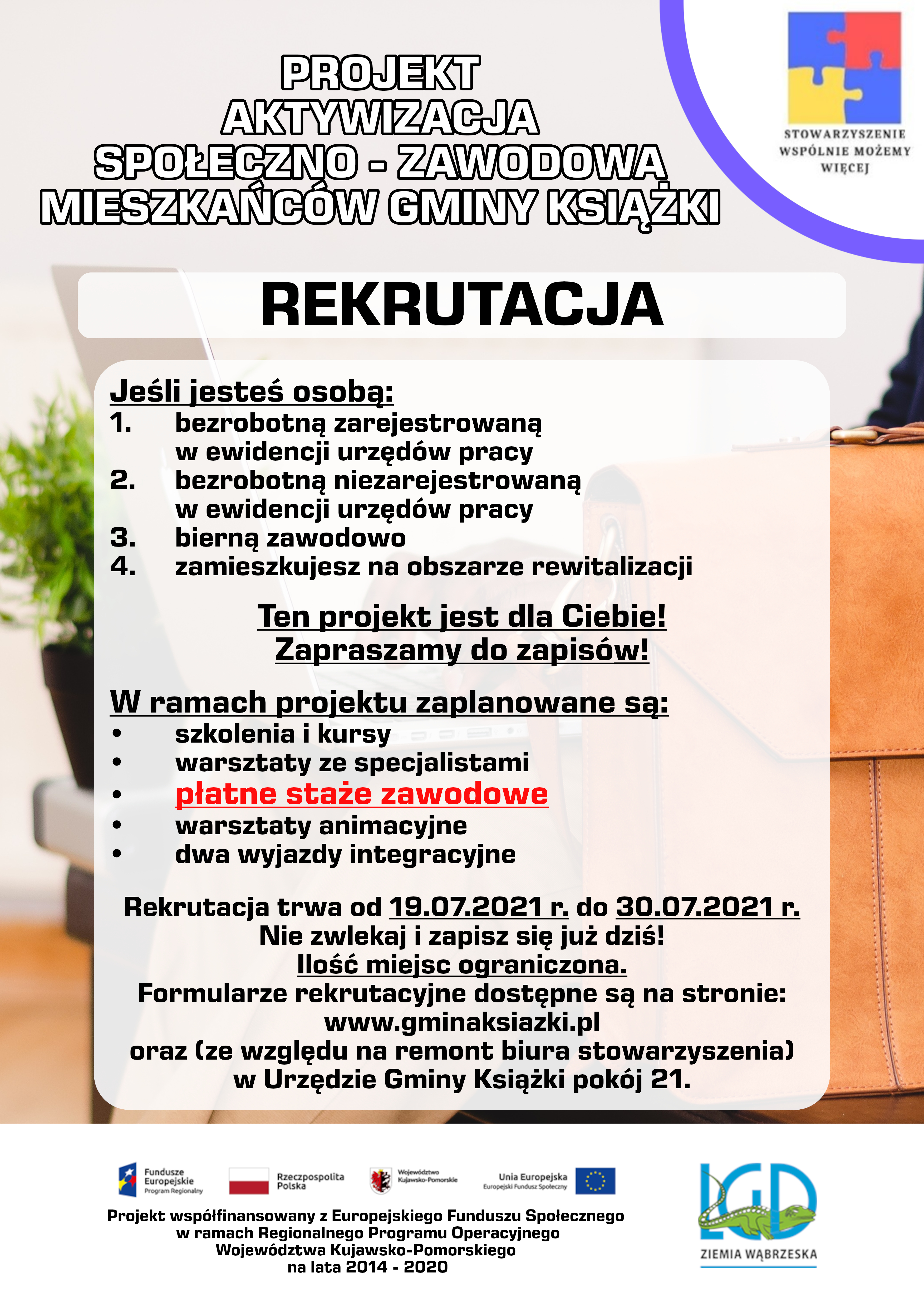 Plakat - projekt aktywacja społeczno-zawodowa mieszkańców gminy Książki