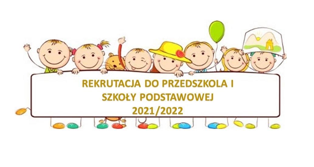 dzieci trzymające baner - rekrutacja do przedszkola i szkoły podstawowej 2021/2022